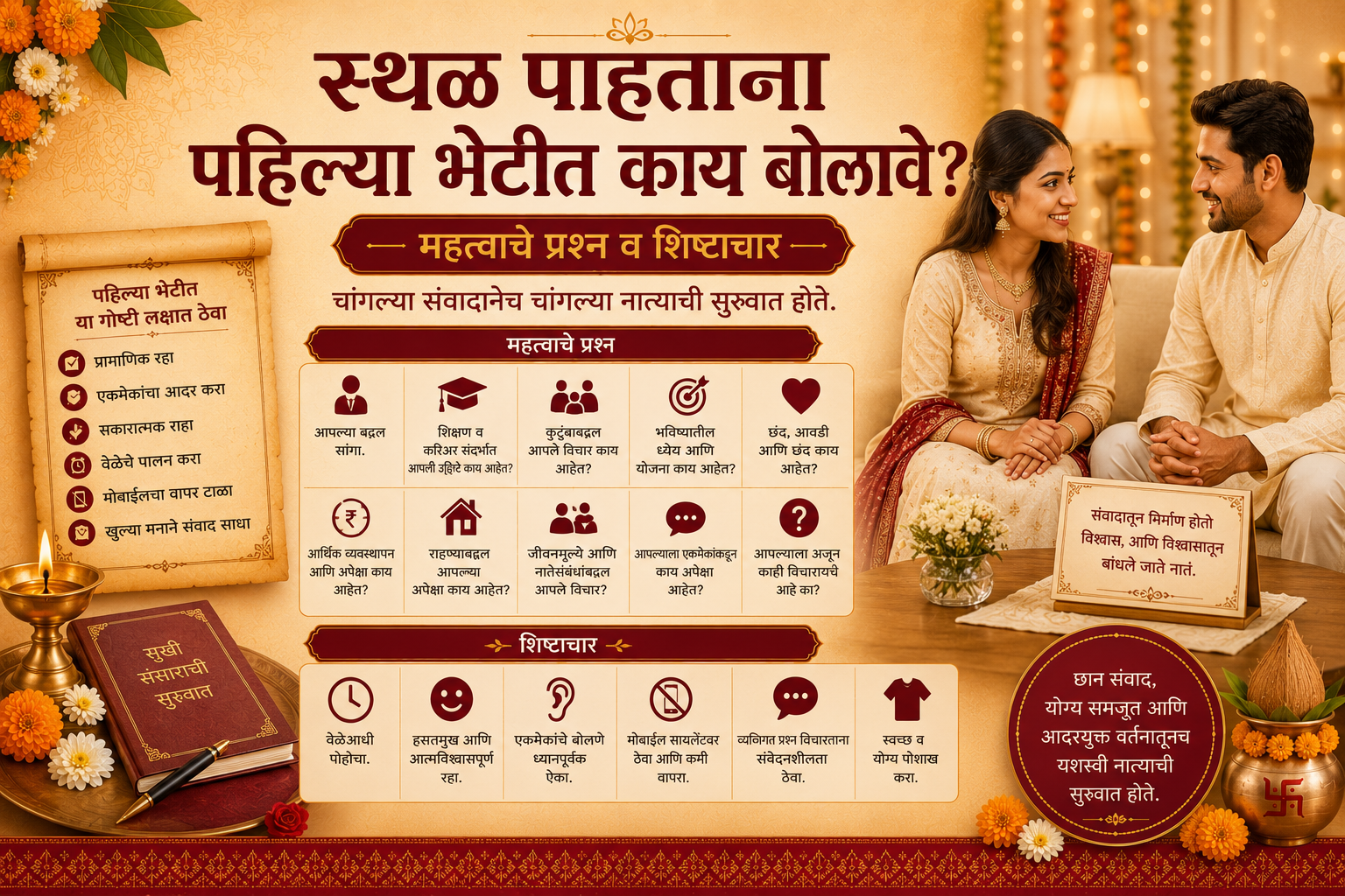 स्थळ पाहताना पहिल्या भेटीत काय बोलावे? — महत्त्वाचे प्रश्न व शिष्टाचार